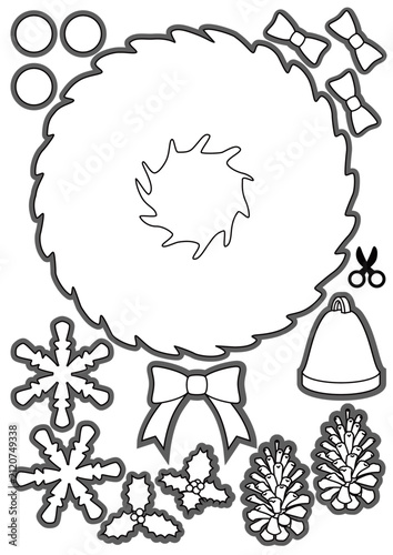 Printable Black and White Christmas Wreath Craft Kit Coloring Template for Kids