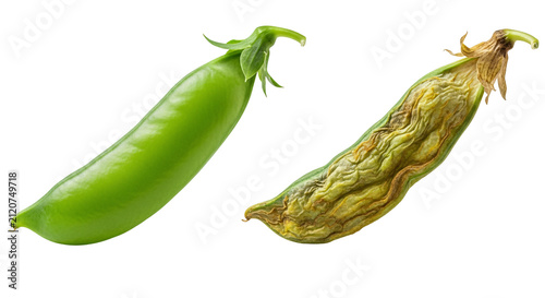Fresh Green Pea Pod And Dried Pod Close Up.