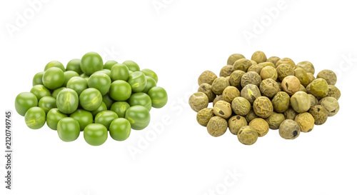 Fresh green peas and chickpeas on white background.