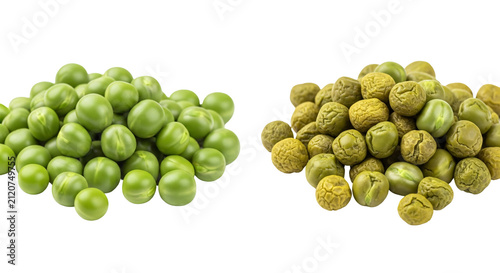 Fresh green peas in two piles isolated.