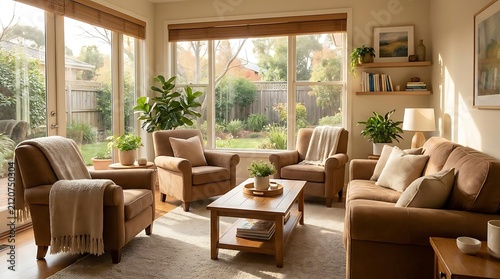 Contemporary living room interior with sunlight and garden views.