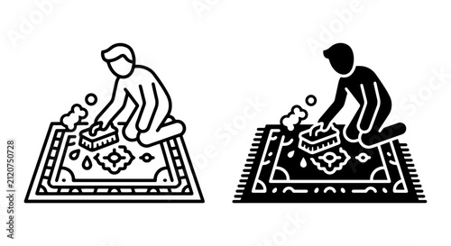 Carpet Cleaning Icons: Person Scrubbing Rug, Household Chores, Home Maintenance Vector Set