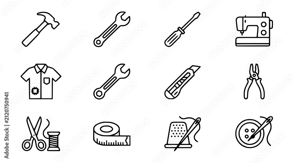 Obraz premium Set of 12 sewing and repair icons, flat design, isolated on white