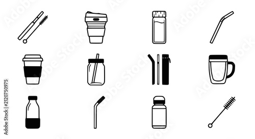 Bild auf Leinwand Eco-Friendly Drinkware Collection: Reusable Cups, Bottles, Straws, and Brushes