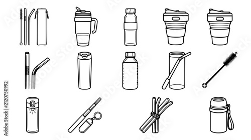 Foto Eco-friendly reusable drinkware and accessories, line art collection