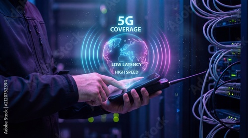 Hands with smartphone and holographic 5g network map in data center