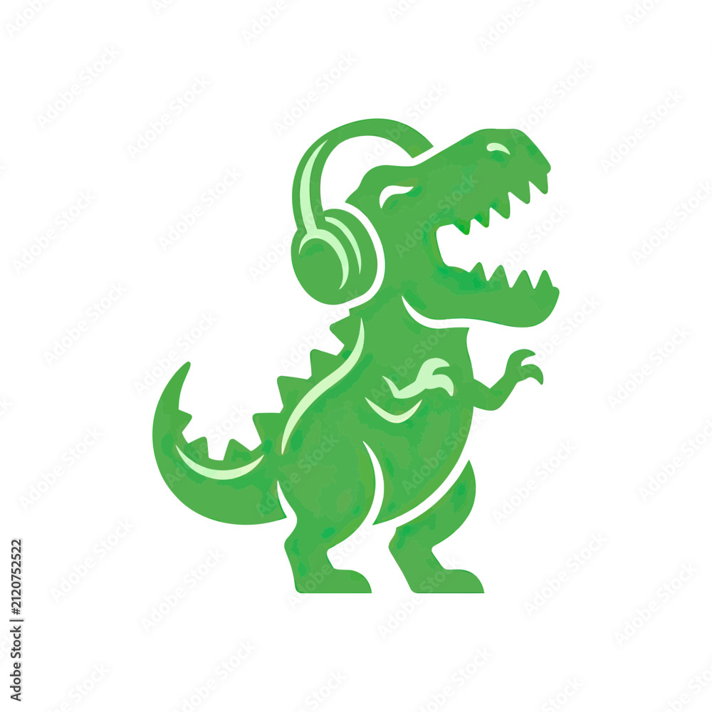 Fototapeta premium Green dinosaur listening to music with headphones