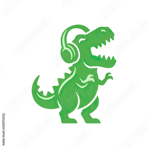 Obraz na plátně Green dinosaur listening to music with headphones
