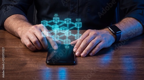 Hands interacting with secure defi blockchain hologram projected from smartphone on dark desk