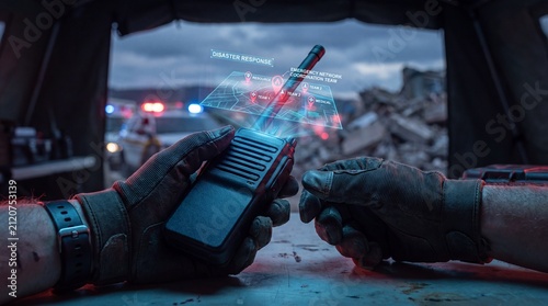Hands in tactical gloves operate holographic disaster network radio in night rubble field