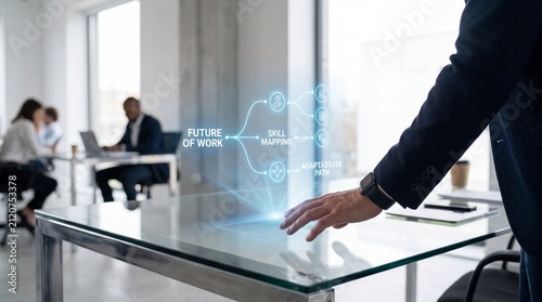 Professional hand navigates holographic future of work skill mapping diagram on glass desk