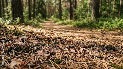Forest path covered in pine needles and fallen leaves in sunlight.