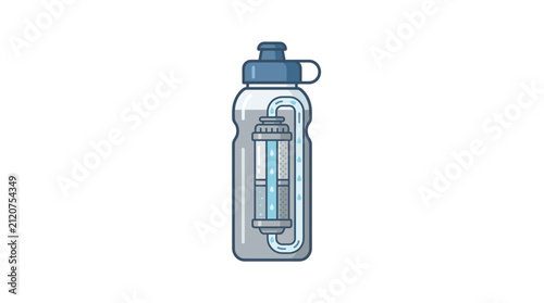 Illustration of a reusable water bottle with an integrated filtration system.