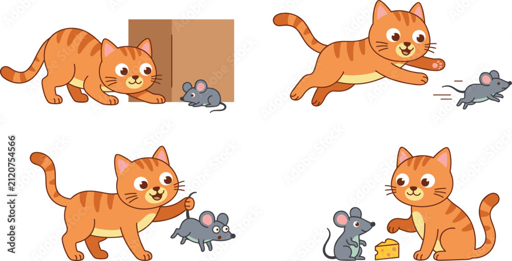 Obraz premium Cute Ginger Cat and Little Mouse Cartoon Vector Set with Playful Scenes of Chasing Catching and Sharing Cheese for Children Storybook Designs