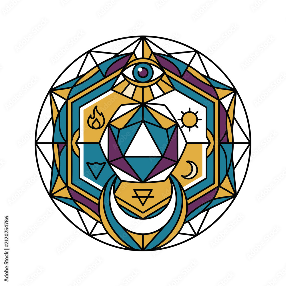 Obraz premium Sacred Geometry Symbol with Celestial and Elemental Icons