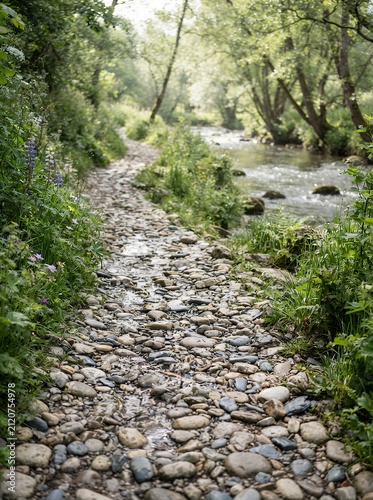 Rocky forest path beside a flowing river surrounded by lush green trees and foliage.