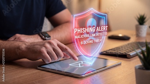 Hands hold tablet displaying holographic phishing alert security warning in home office