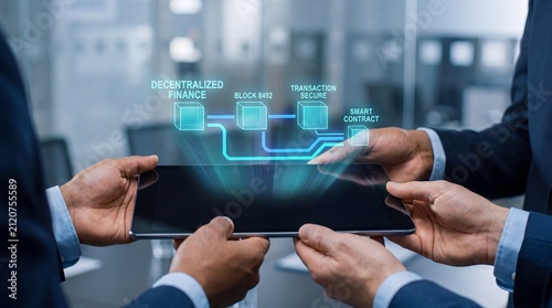 Business hands holding tablet with glowing holographic blockchain defi interface