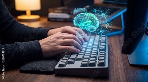 Developer hands typing on mechanical keyboard with glowing AI brain neural network hologram