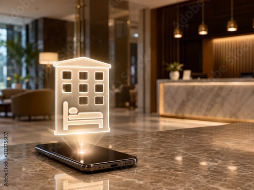 Smartphone with Hotel Booking Icon in Blurred Lobby