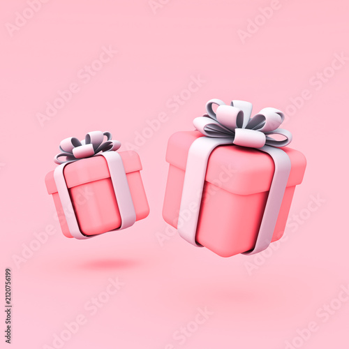 Minimal sweet cute pink present boxes tied with white ribbon bows or cute pink gift box isolated on pink pastel color background with shadow minimal creative idea concepts 3D rendering