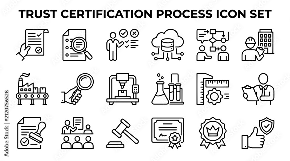 Fototapeta premium Trust certification process icons. Quality assurance and compliance vector symbol set.