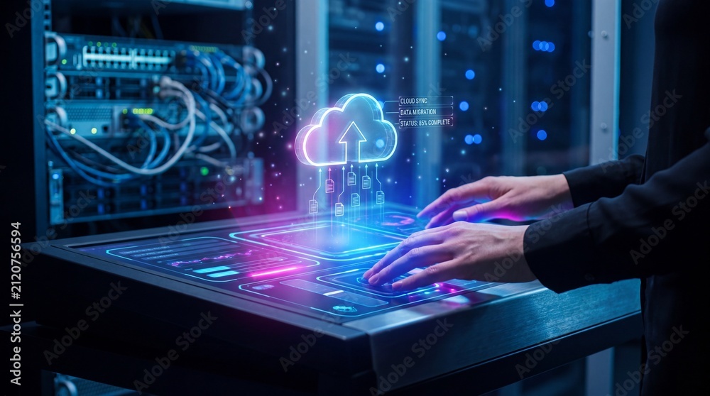 Fototapeta premium IT professional hands using futuristic control panel for cloud data migration in server room