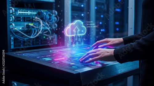 IT professional hands using futuristic control panel for cloud data migration in server room