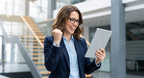 Excited professional businesswoman celebrating success reading good news on digital tablet in modern corporate office