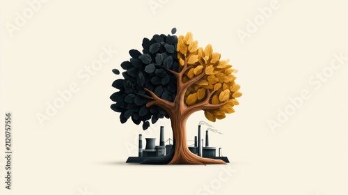 Industry's footprint on nature a tree split between vibrant life and polluted industrial decay