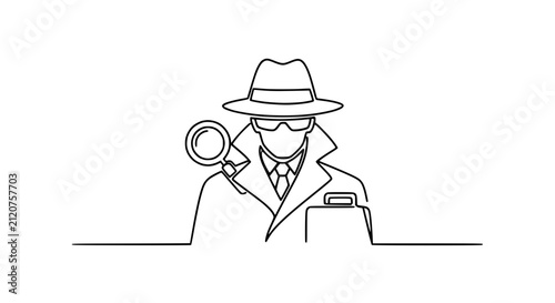 Принти на полотні Detective holding magnifying glass and briefcase, secret agent concept, minimali