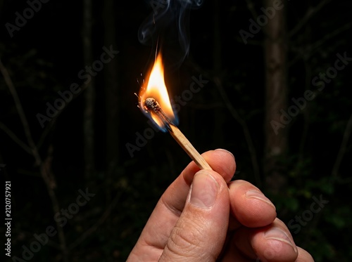 Hand holding a burning matchstick in the dark forest.