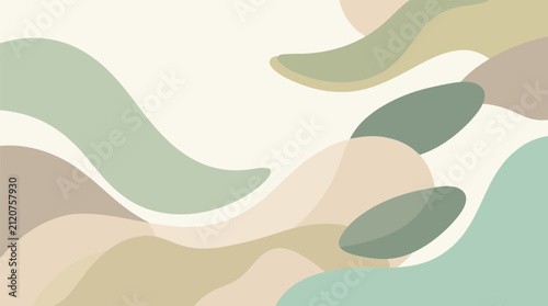 Abstract shapes decorate the background with a soft palette of muted green and beige tones.