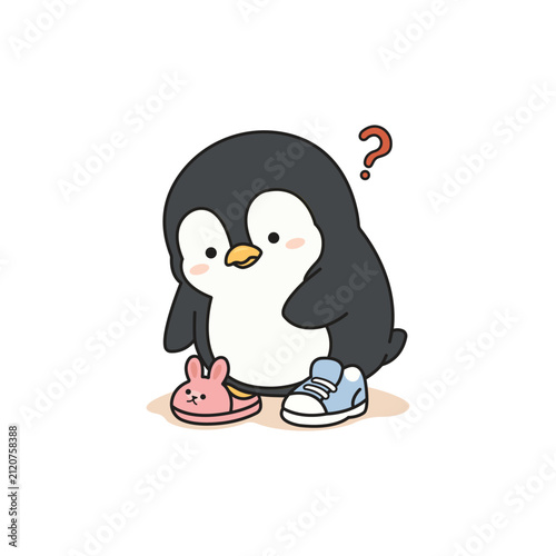 Cute penguin confused wearing wrong shoes cartoon vector illustration