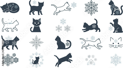 Cuadro en lienzo Winter Cat Silhouette and Snowflake Icon Set with Geometric Pattern Feline Stenc