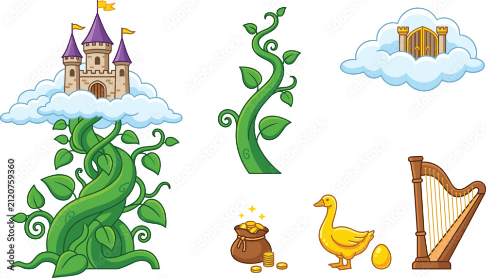 Naklejka premium Jack and the Beanstalk Fairytale Vector Set Featuring Magic Beanstalk, Cloud Castle, Golden Goose, Harp, and Bag of Gold Coins