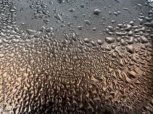 Abstract background of water droplets clinging to a silver-grey metallic surface for modern design and texture concepts.