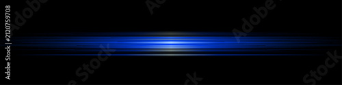 Futuristic blue lens flare with horizontal light streaks, glowing neon beam on black background, cinematic laser line effect vector