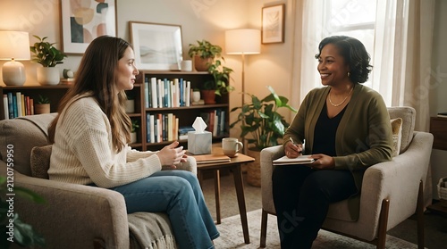 Professional female therapist listening to young woman client during therapy session in cozy office setting.