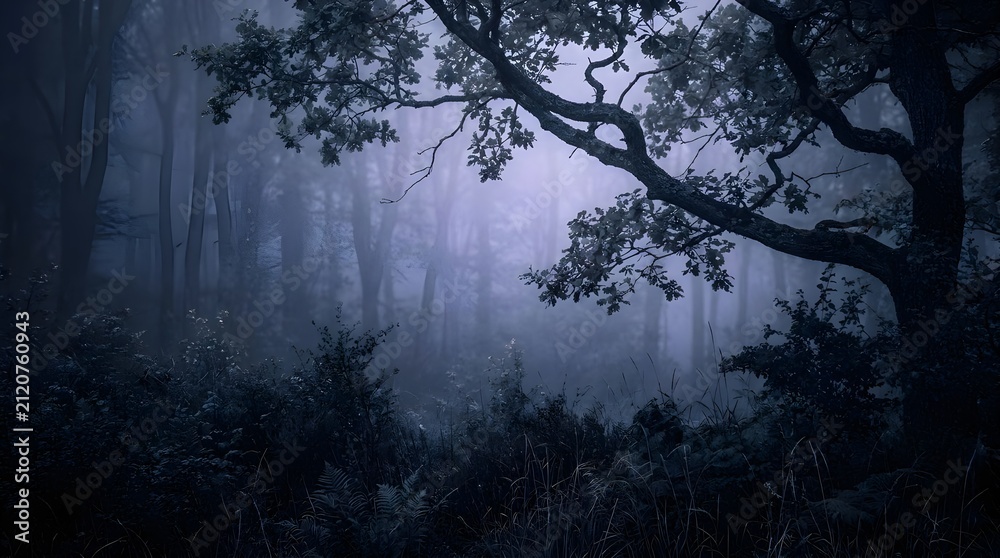 Fototapeta premium Spooky Spooky Forest Landscape with Dense Fog and Oak Tree Silhouette at Night