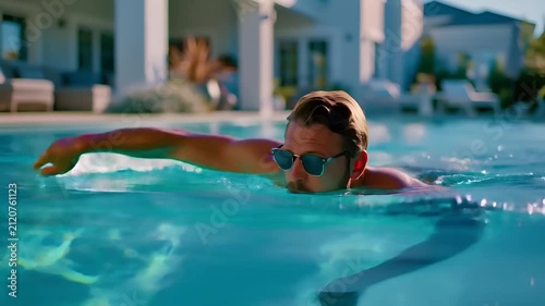 Summer hot vibe lifestyle. A still from a film or television show captures a man swimming in a pool. The man, in the foreground, swims with his arms outstretched.