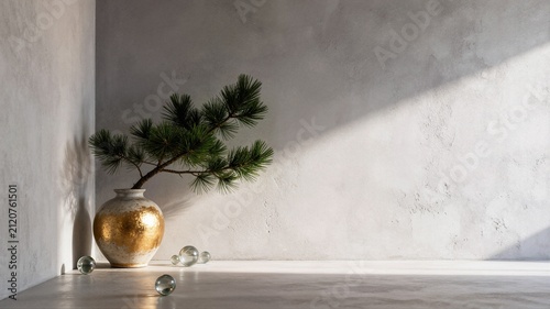 Minimalist ceramic vase with pine branch and glass spheres on concrete background ideal for luxury interior product display template