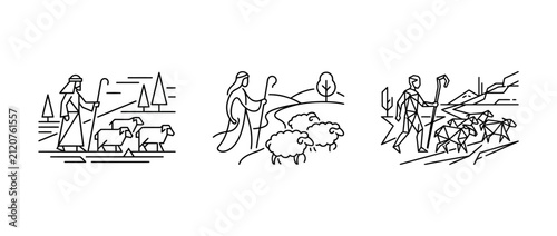 Minimalist line drawing of farmer herding sheep through pastoral landscape scenes