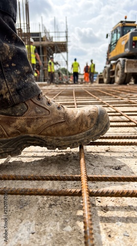 Construction worker wearing heavy duty safety boot standing on steel rebar grid at building foundation site with machinery