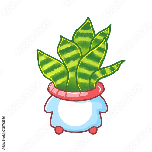 Cute Snake Plant in Blue Character Pot — Hand-Drawn Sansevieria Illustration
