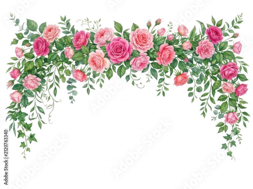 Watercolor rose garland hanging isolated on a transparent background
