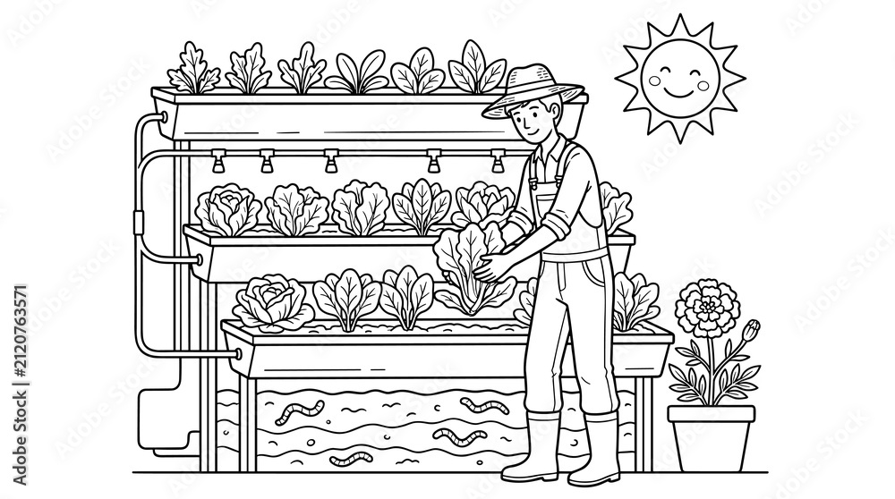 Fototapeta premium Farmer Tending Vertical Hydroponic Garden with Leafy Greens and Worms, Smiling Sun Illustration, Black and White Line Art Vector