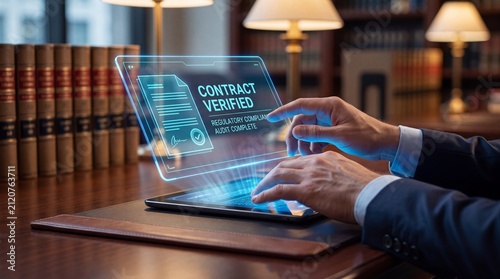 Compliance officer hands navigate holographic digital contract verification interface on tablet