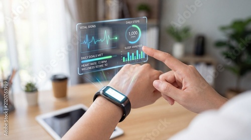 Persons hands interacting with holographic health data interface from smart bracelet in home office
