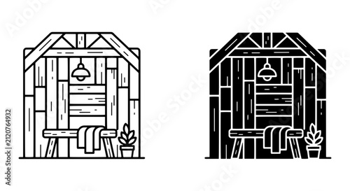 Canvastavla Rustic Sauna Cabin Icon, Wooden Bathhouse Vector, Relaxation Spa Interior, Minim